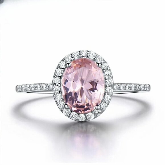 NWT Pink Sapphire Ring Sz.8 S925 Silver Halo Oval Solitaire Quiet Luxury Glam - Picture 6 of 10